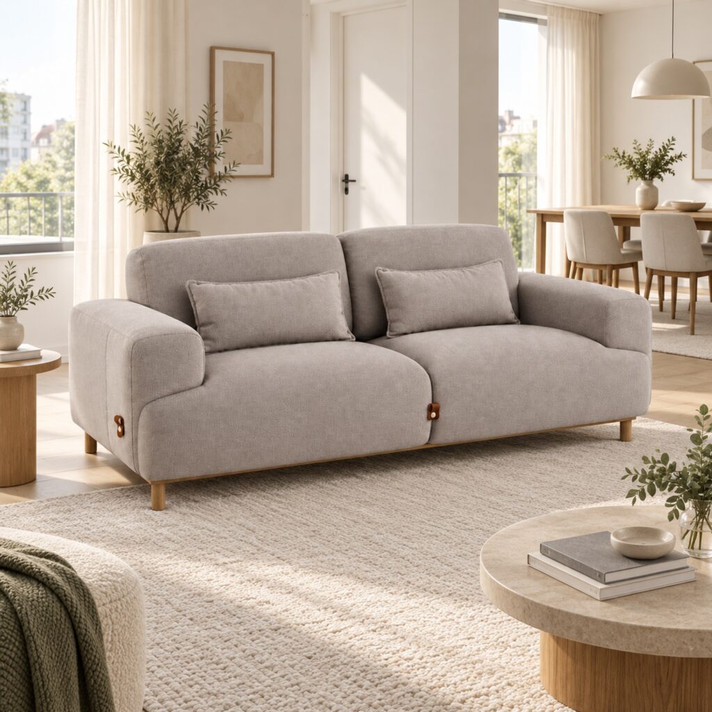 Light Coffee Two-Seater Fabric Sofa with Wood Base — styled room view 1