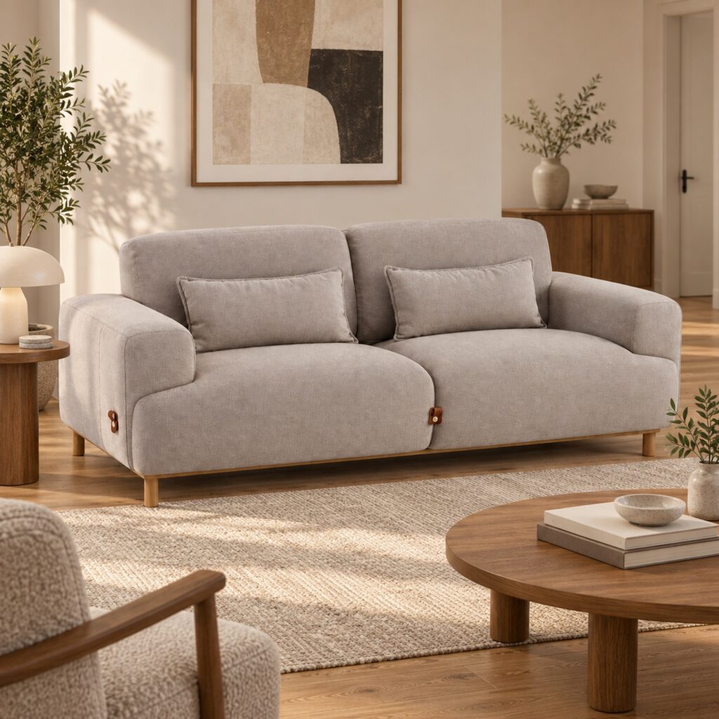 Light Coffee Two-Seater Fabric Sofa with Wood Base — styled room view 2