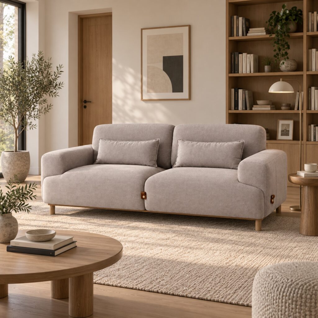 Light Coffee Two-Seater Fabric Sofa with Wood Base — styled room view 3