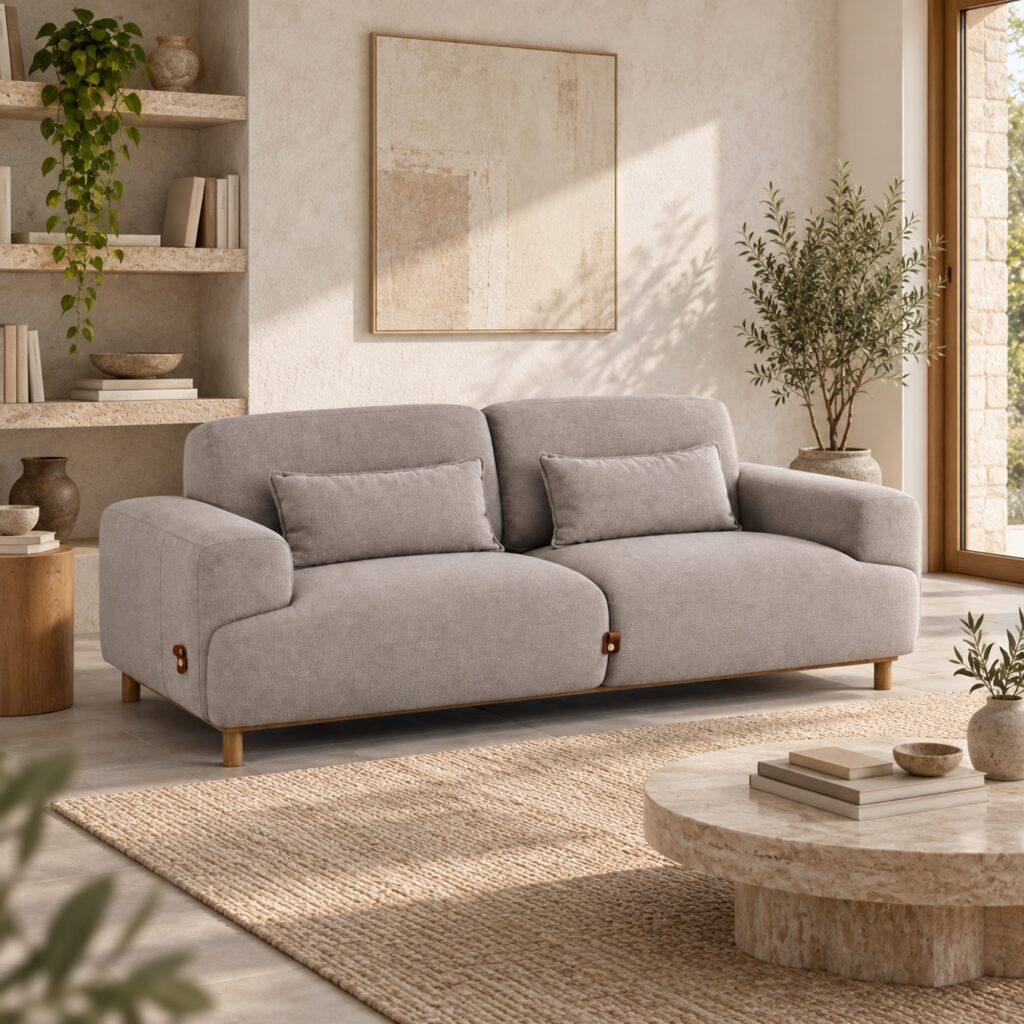 Light Coffee Two-Seater Fabric Sofa with Wood Base — styled room view 4
