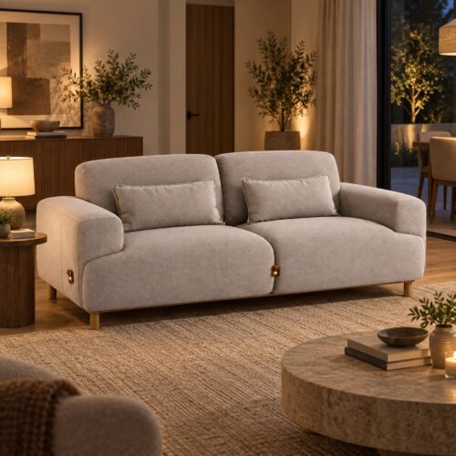 Light Coffee Two-Seater Fabric Sofa with Wood Base — styled room view 5