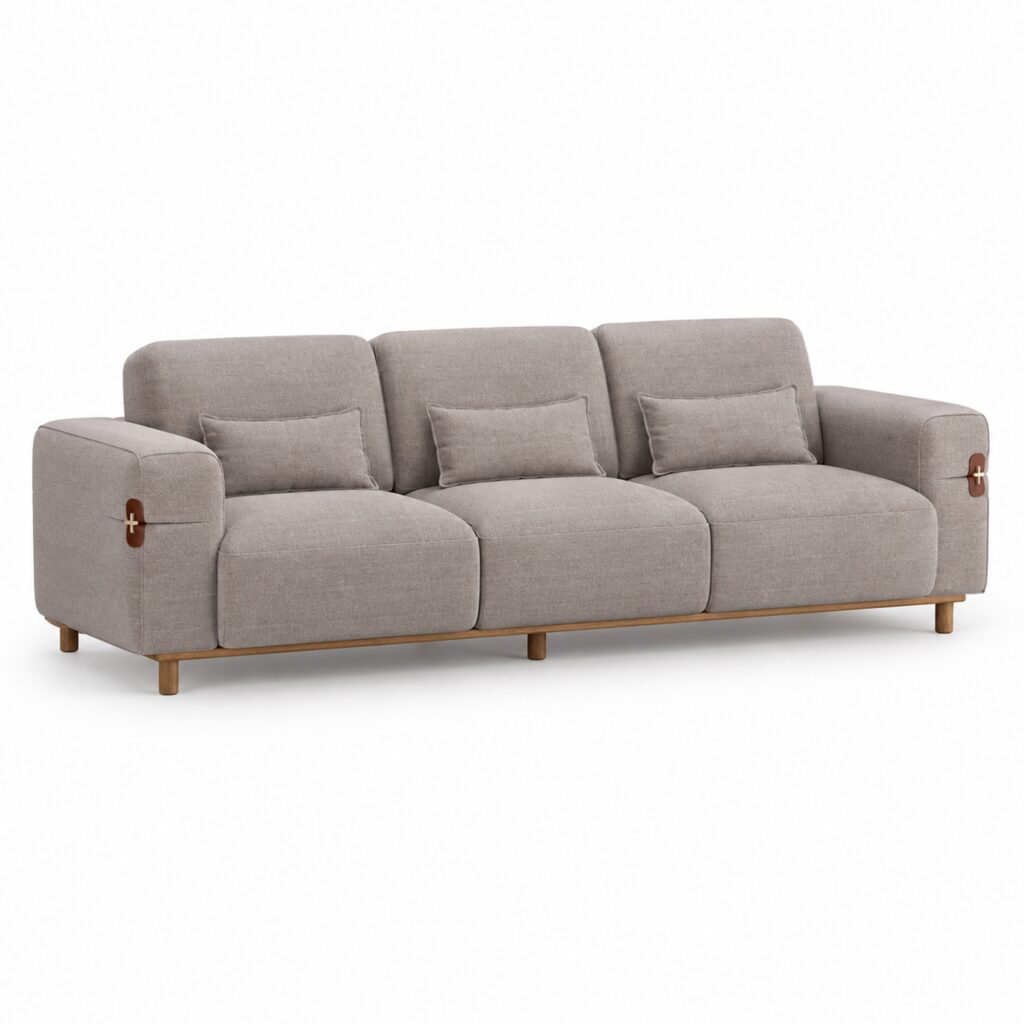 Light Coffee Three-Seater Fabric Sofa with Wood Base — studio product view
