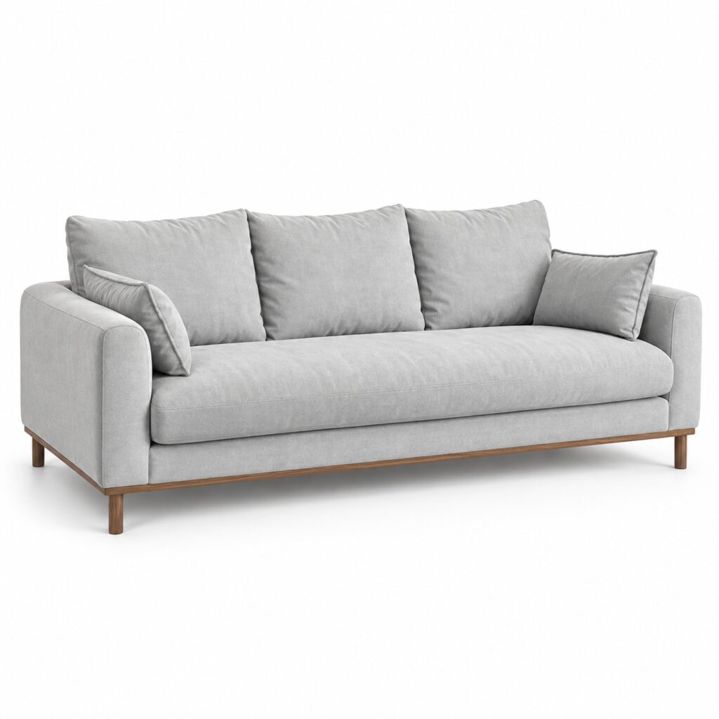 Pale Fabric Three-Seater Sofa with Walnut-Tone Base — studio product view