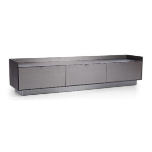 Raised-Edge Three-Drawer TV Console in Black — alternate supplier view showing the top and base