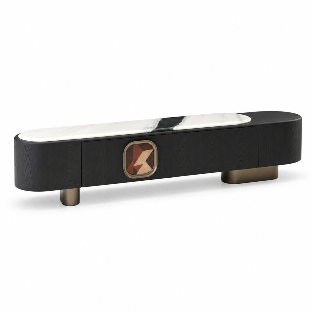 Black TV Console with Artificial-Marble Top and Geometric Inset — alternate product view