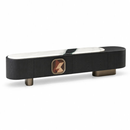 Black TV Console with Artificial-Marble Top and Geometric Inset — alternate product view