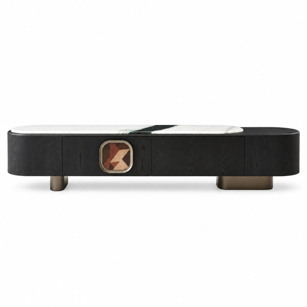 Black TV Console with Artificial-Marble Top and Geometric Inset — studio product view