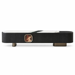 Black TV Console with Artificial-Marble Top and Geometric Inset — studio product view