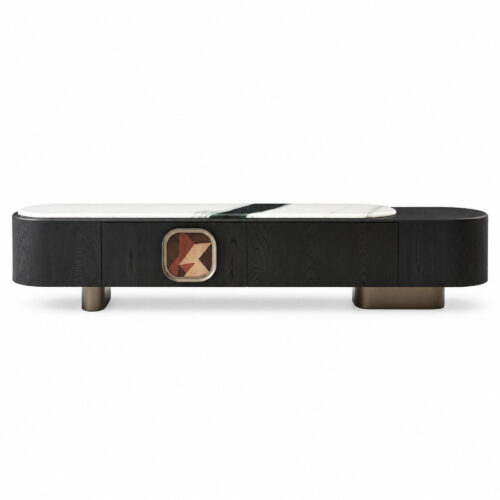 Black TV Console with Artificial-Marble Top and Geometric Inset — studio product view
