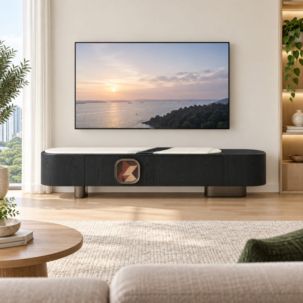 Black TV Console with Artificial-Marble Top and Geometric Inset — styled room view 1
