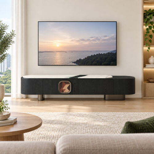 Black TV Console with Artificial-Marble Top and Geometric Inset — styled room view 1