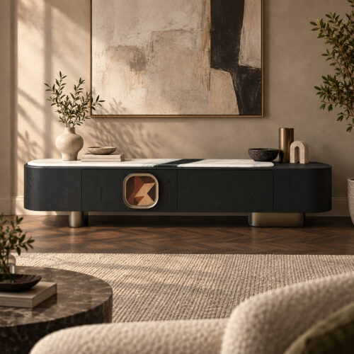 Black TV Console with Artificial-Marble Top and Geometric Inset — styled room view 2