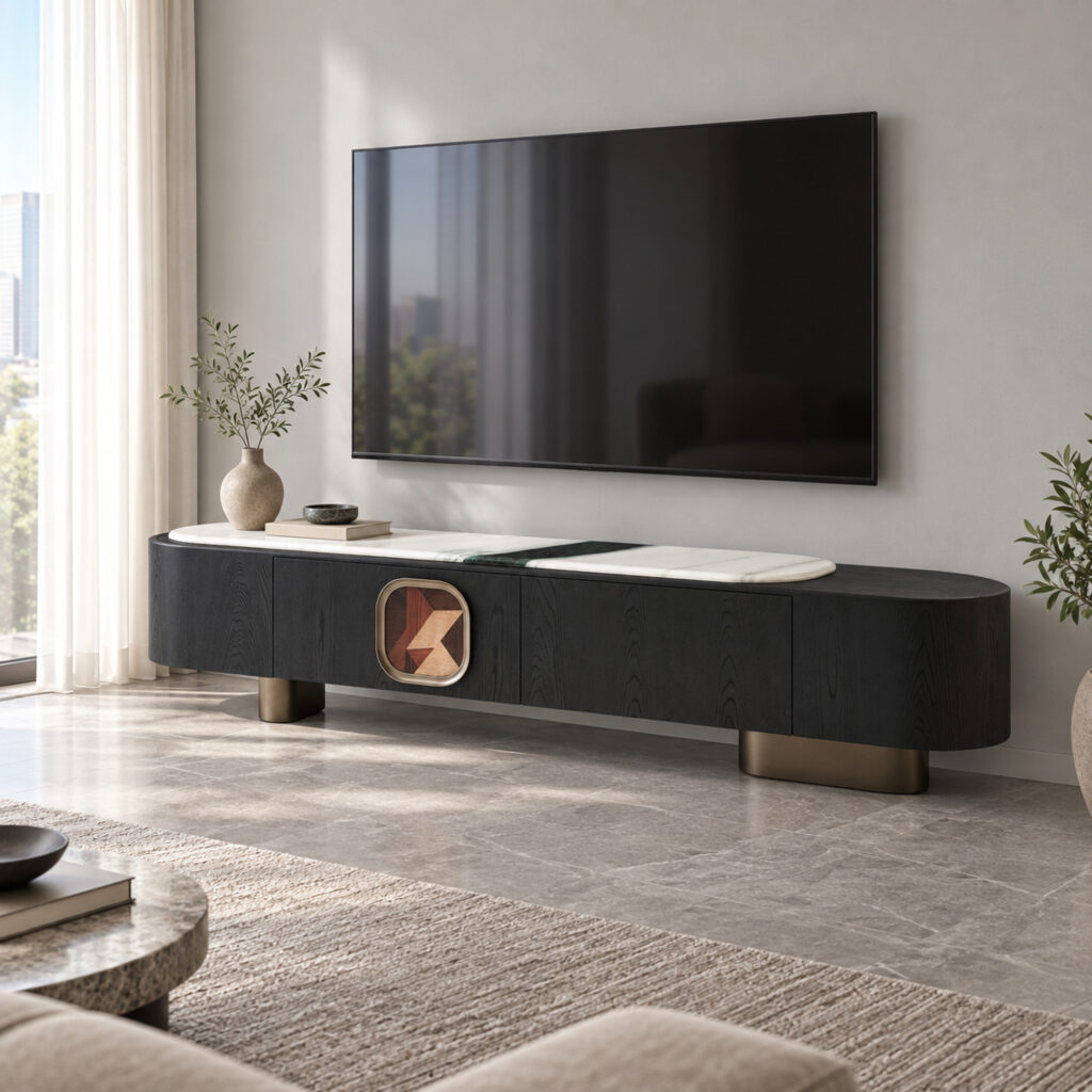 Black TV Console with Artificial-Marble Top and Geometric Inset — styled room view 3