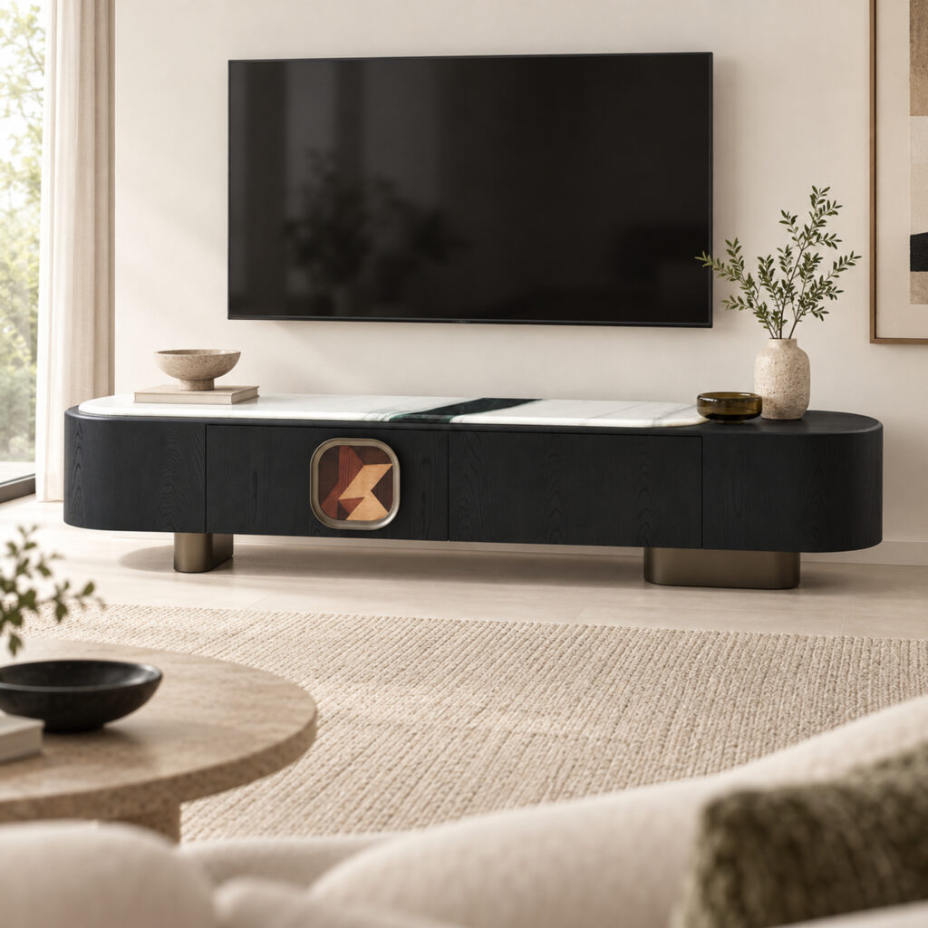 Black TV Console with Artificial-Marble Top and Geometric Inset — styled room view 4