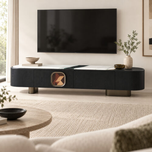 Black TV Console with Artificial-Marble Top and Geometric Inset — styled room view 4