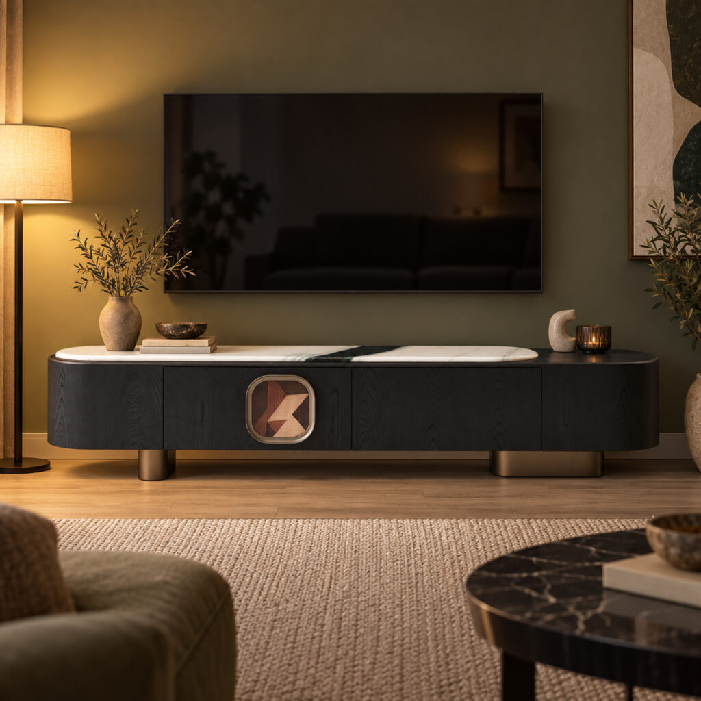 Black TV Console with Artificial-Marble Top and Geometric Inset — styled room view 5