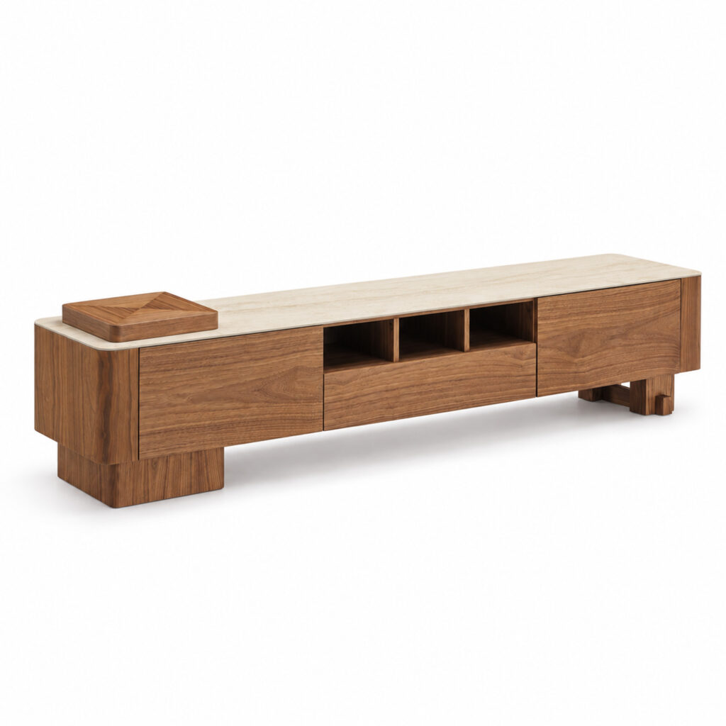 Walnut-Tone TV Console with Sintered-Stone Top and Slatted Front — studio product view