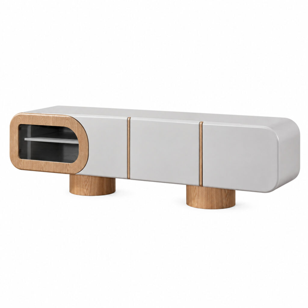 Grey TV Console with Rounded Wood-Tone Display Section — studio product view