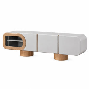 Grey TV Console with Rounded Wood-Tone Display Section — studio product view