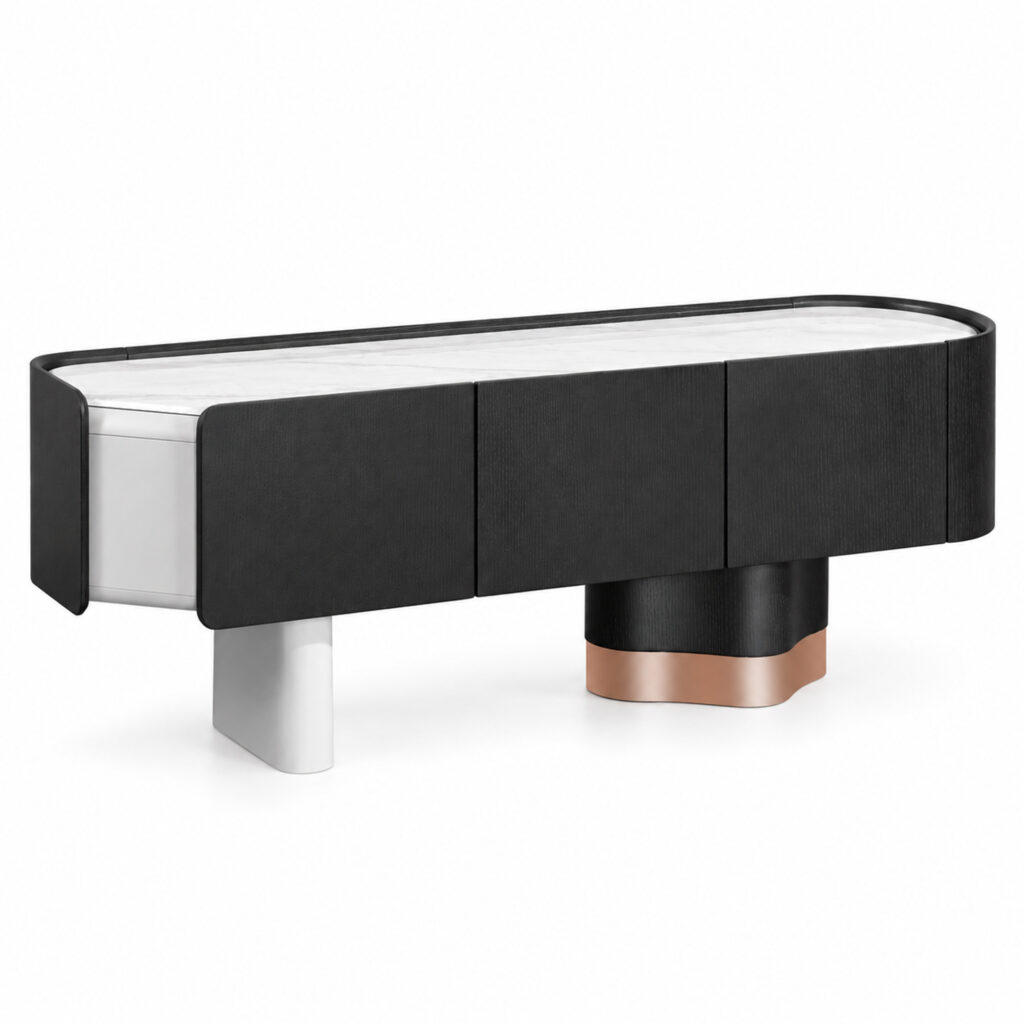 Black and Grey TV Console with Marble-Look Top — studio product view