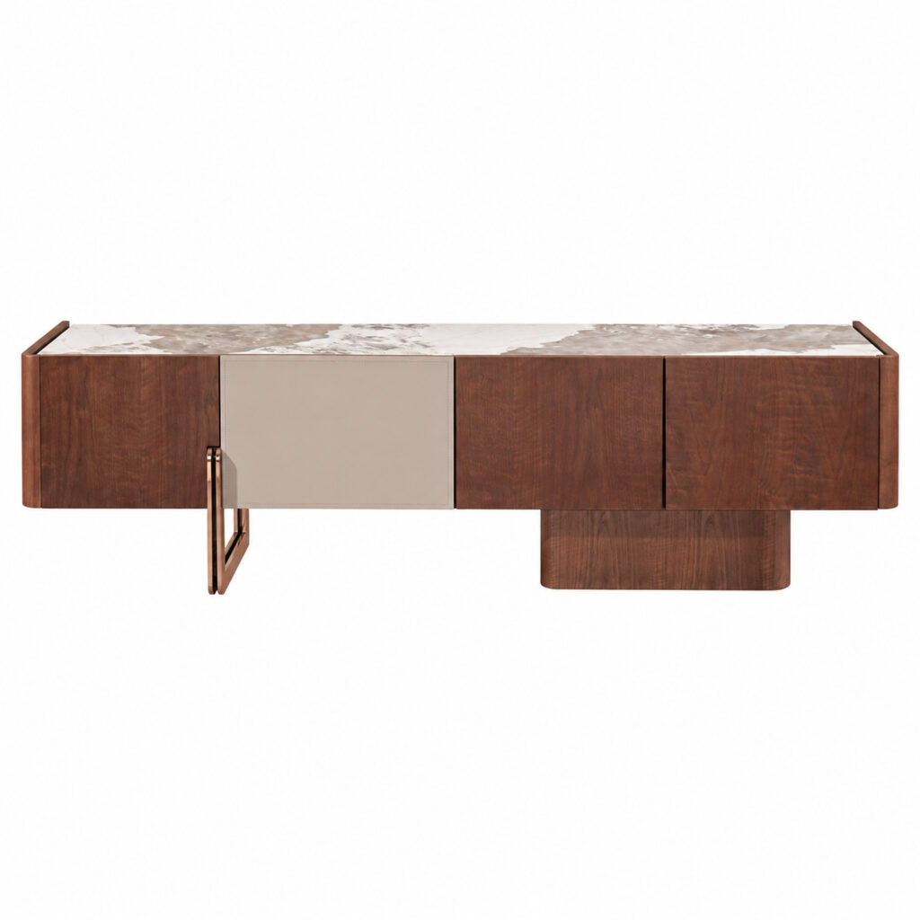 Walnut-Tone TV Console with Sintered-Stone Top and Asymmetric Base — alternate product view