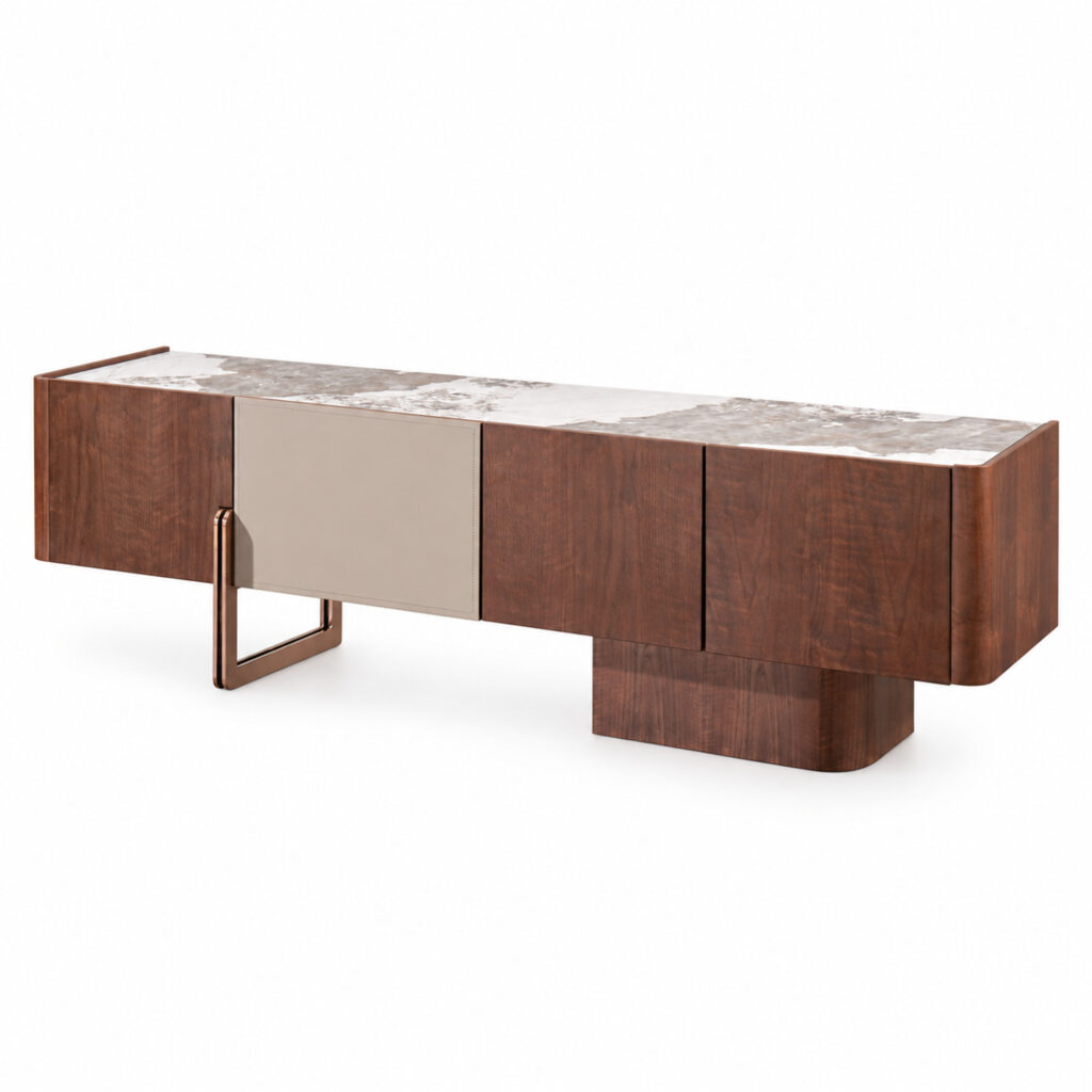 Walnut-Tone TV Console with Sintered-Stone Top and Asymmetric Base — studio product view
