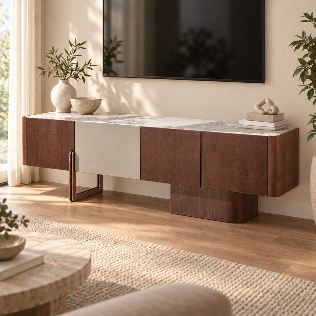 Walnut-Tone TV Console with Sintered-Stone Top and Asymmetric Base — styled room view 1