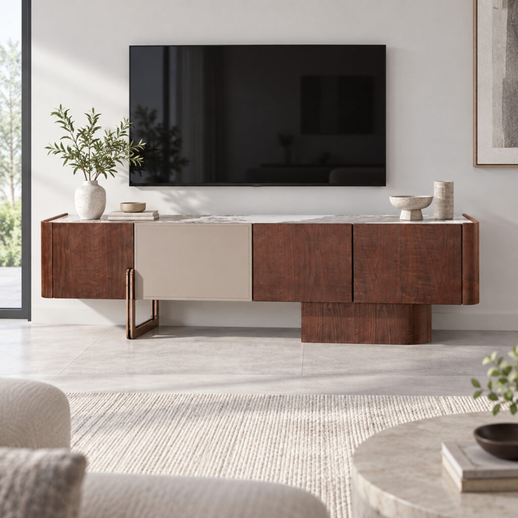 Walnut-Tone TV Console with Sintered-Stone Top and Asymmetric Base — styled room view 2