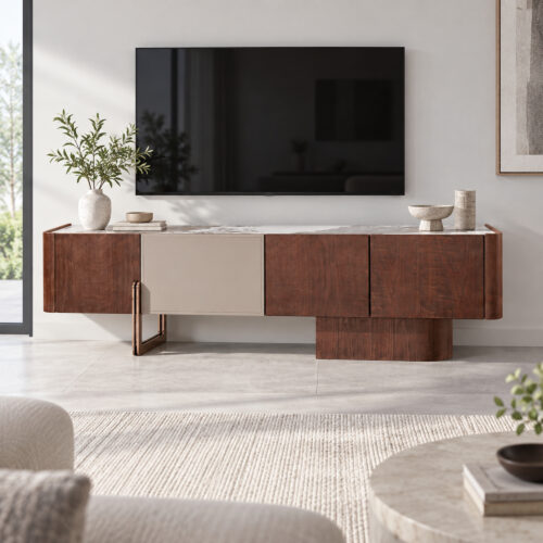 Walnut-Tone TV Console with Sintered-Stone Top and Asymmetric Base — styled room view 2