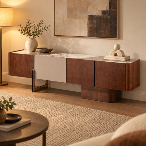 Walnut-Tone TV Console with Sintered-Stone Top and Asymmetric Base — styled room view 3