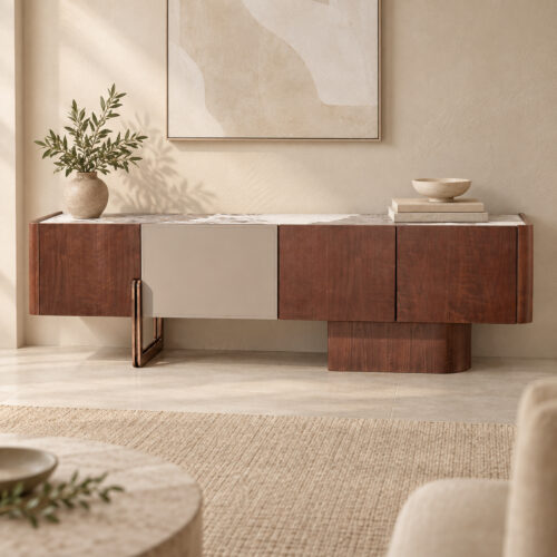 Walnut-Tone TV Console with Sintered-Stone Top and Asymmetric Base — styled room view 4