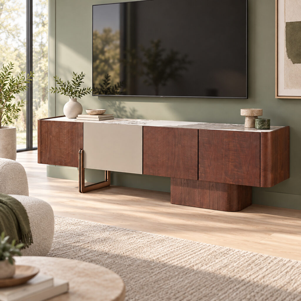 Walnut-Tone TV Console with Sintered-Stone Top and Asymmetric Base — styled room view 5