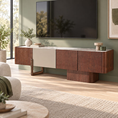 Walnut-Tone TV Console with Sintered-Stone Top and Asymmetric Base — styled room view 5