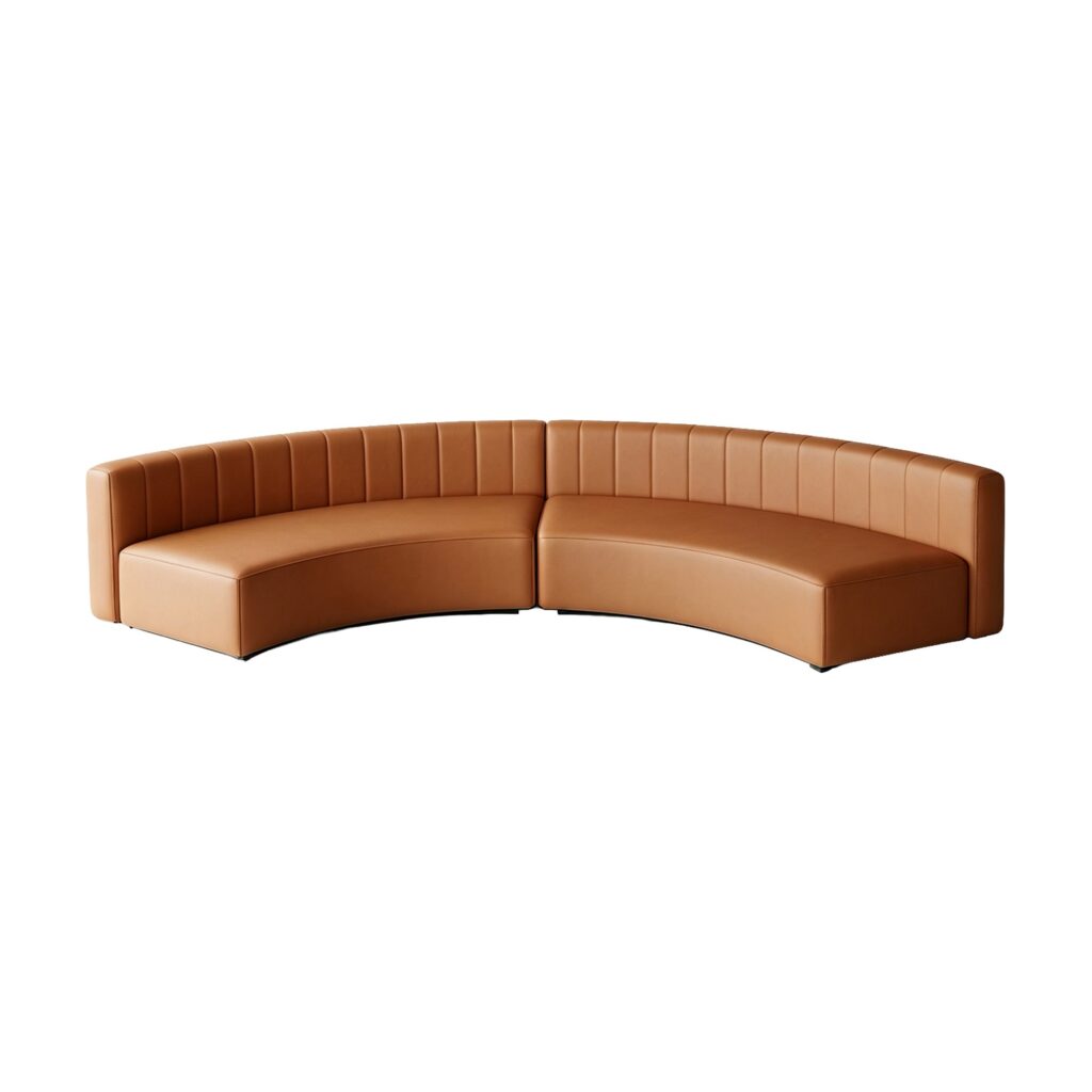 Vela curved orange upholstered sectional sofa on a white background